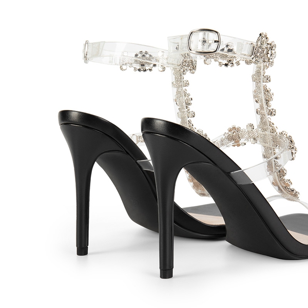 Clear Rhinestone Heel Sandals - BLACK - 6